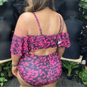 Off the Shoulder Black and Fuschia Leopard Print Two Piece Swimsuit
